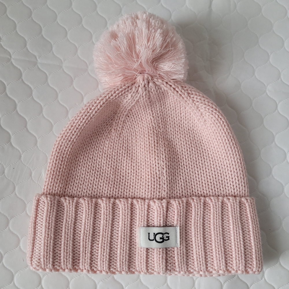 UGG Kids Light Pink Knit Beanie with Pom-Pom AUTHENTIC